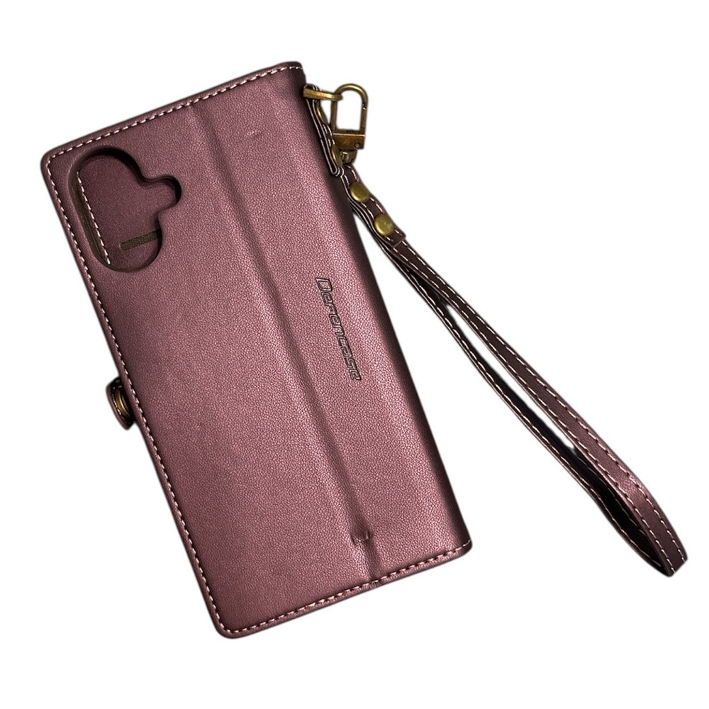 Leather Wallet Phone Case with Wrist Strap in Dark Purple